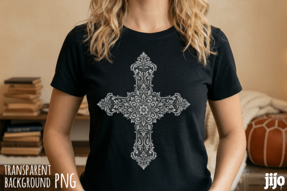 Christian Cross Ornate Floral PNG for T-Shirt Designs